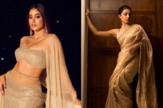 Kriti Sanon, Samantha Ruth Prabhu, Janhvi Kapoor, Mrunal Thakur and Raashii Khanna wearing elegant golden outfits.