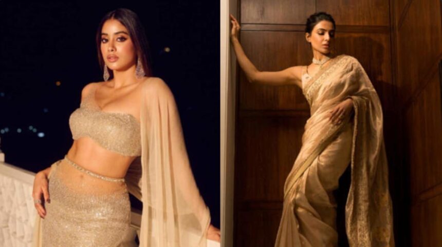 Hunterfly 026 07 26 095431 Kriti Sanon, Samantha Ruth Prabhu, Janhvi Kapoor, Mrunal Thakur and Raashii Khanna wearing elegant golden outfits.