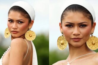 Zendaya wearing ancient Iranian gold earrings at The Odyssey London premiere event