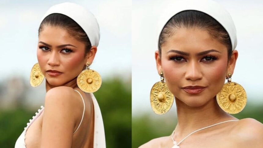 Zendaya wearing ancient Iranian gold earrings at The Odyssey London premiere event