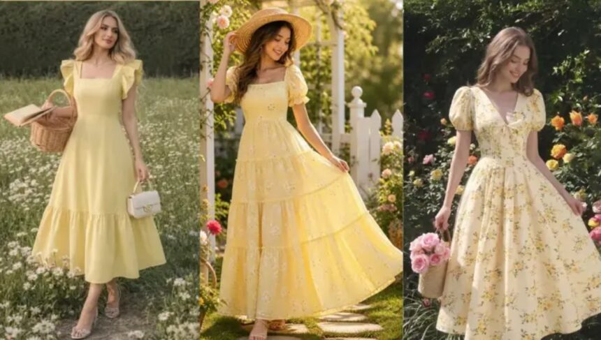 Women wearing stylish butter yellow dresses for brunches, vacations, and weekend outings