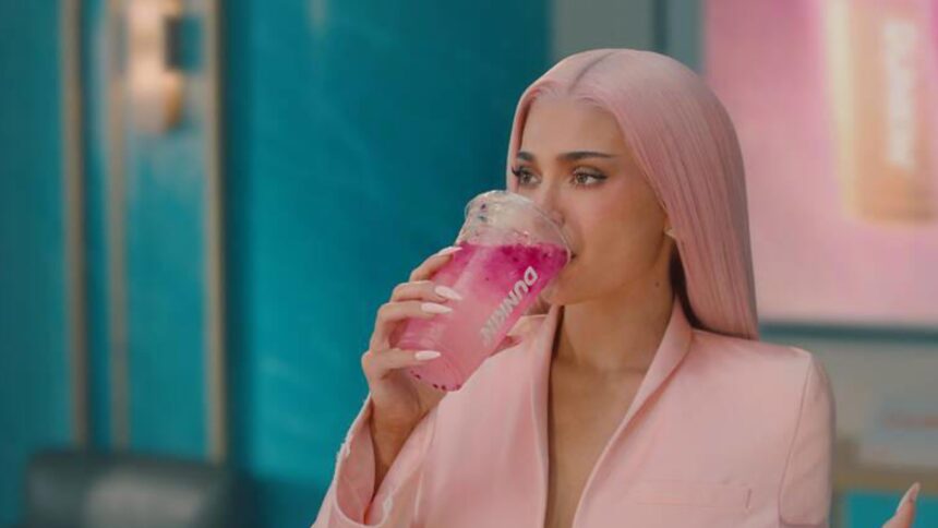 Hunterfly 2026 07 10 084344 Kylie Jenner promoting Dunkin's King Kylie Collection featuring pink-themed summer beverages.