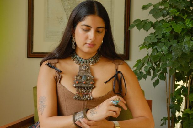 Sanjana Rishi wearing vintage tribal jewellery inspired by Kutch craftsmanship