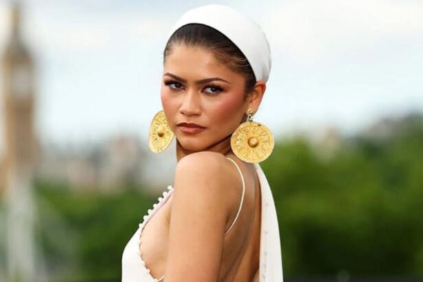 Zendaya wearing ancient Iranian gold disc earrings at The Odyssey event in London