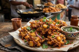 Hunterfly 2026 07 25 164326 Assorted crispy fried monsoon snacks served with mint chutney and hot tea.