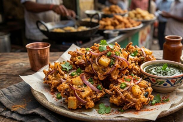 Assorted crispy fried monsoon snacks served with mint chutney and hot tea.