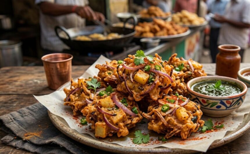 Hunterfly 2026 07 25 164326 Assorted crispy fried monsoon snacks served with mint chutney and hot tea.