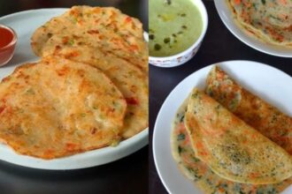 Freshly cooked semolina cheela served with green chutney on a plate for breakfast.