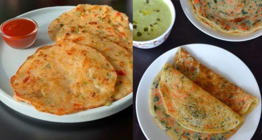 Freshly cooked semolina cheela served with green chutney on a plate for breakfast.