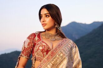 Janhvi Kapoor wearing an ivory-and-gold embroidered saree and a champagne-gold embellished ensemble.