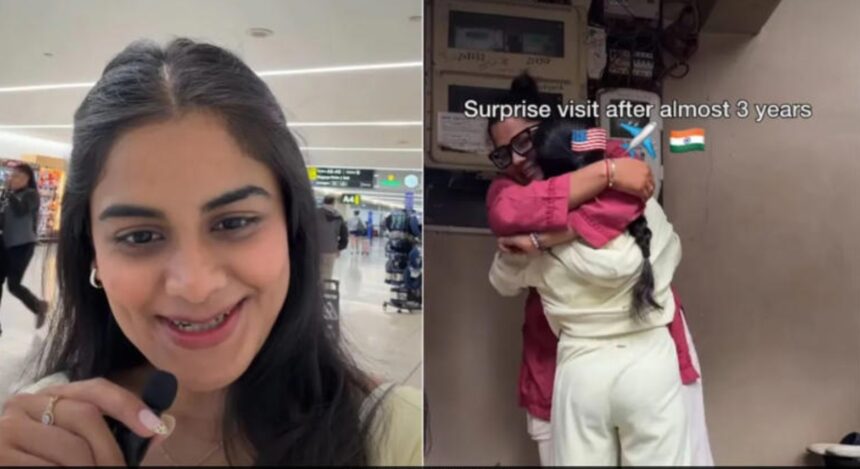 Woman surprises her family after returning home from the US following nearly three years away.