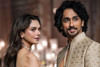Aditi Rao Hydari and Siddharth walking the runway in coordinated couture outfits for Jayanti Reddy at India Couture Week 2026.