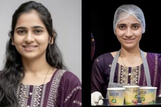 Entrepreneur Mayuri at her juice business after leaving a tech job to focus on motherhood.