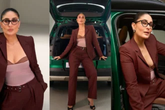 Kareena Kapoor Khan wearing a pinstriped suit with bustier-inspired layering for a modern corporate fashion look