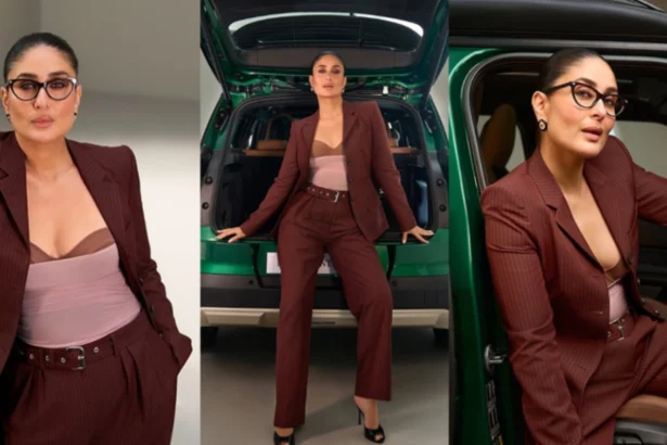 Hunterfly 26 07 01 224853 Kareena Kapoor Khan wearing a pinstriped suit with bustier-inspired layering for a modern corporate fashion look