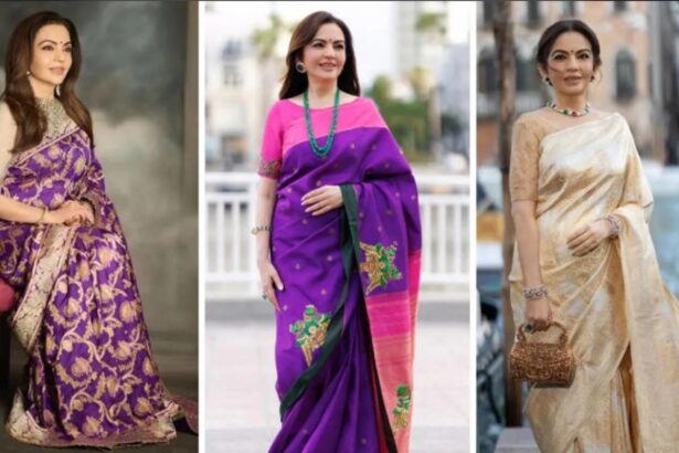 Nita Ambani wearing a handcrafted Kanjeevaram silk saree showcasing Indian artisan craftsmanship