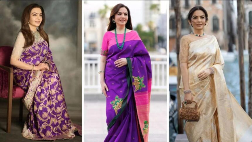 Hunterfly 26 07 06 171146 Nita Ambani wearing a handcrafted Kanjeevaram silk saree showcasing Indian artisan craftsmanship