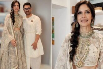 Gauri Spratt in a custom Sabyasachi lehenga with bohemian braid hairstyle for her intimate wedding with Aamir Khan