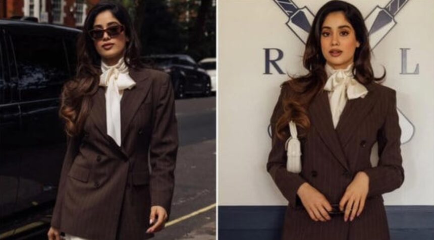 Janhvi Kapoor wearing a brown pinstripe blazer and ivory trousers at the India vs England ODI match
