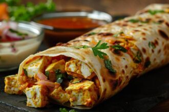 Hunterfly 26 07 25 170926 Homemade paneer wrap made with whole wheat roti, spiced paneer, fresh vegetables, and yogurt sauce.