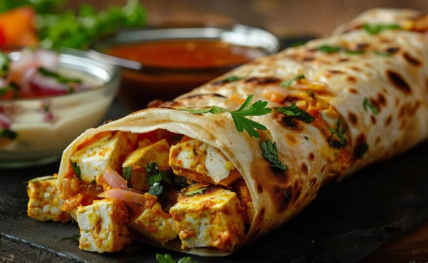 Homemade paneer wrap made with whole wheat roti, spiced paneer, fresh vegetables, and yogurt sauce.