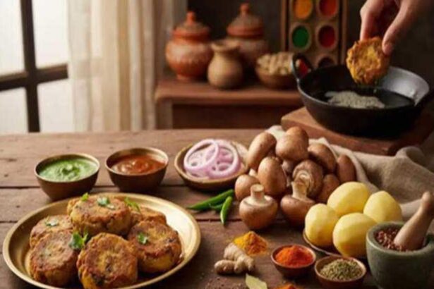 Hunterfly 26 07 25 172205 Crispy homemade Mushroom Aloo Chaap served with mint chutney and tomato ketchup on a wooden platter.