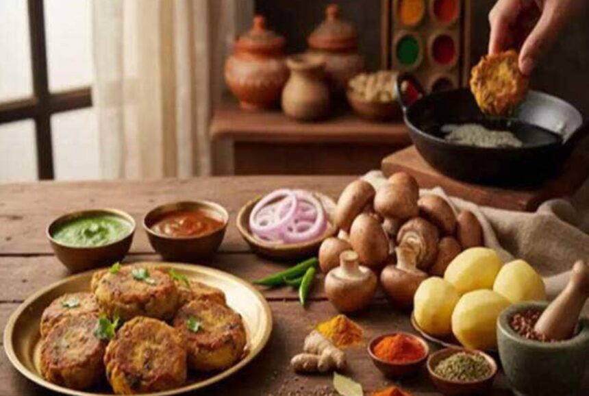 Hunterfly 26 07 25 172205 Crispy homemade Mushroom Aloo Chaap served with mint chutney and tomato ketchup on a wooden platter.