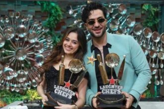 Aly Goni and Jannat Zubair celebrate after winning Laughter Chefs Season 3.