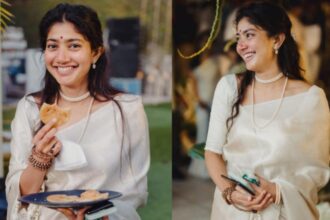 Sai Pallavi wearing a traditional saree and a Rudraksha jaap mala.