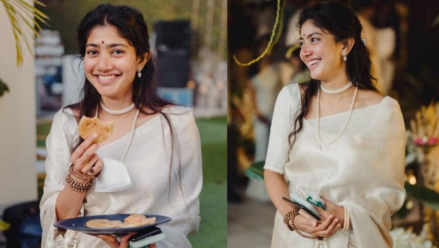 Hunterfly 26 07 30 145848 Sai Pallavi wearing a traditional saree and a Rudraksha jaap mala.