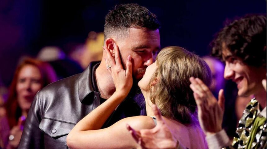Taylor Swift and Travis Kelce at a public event following reports about their wedding ceremony