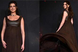 Anne Hathaway wearing custom Louis Vuitton maternity gown at The Odyssey Paris premiere