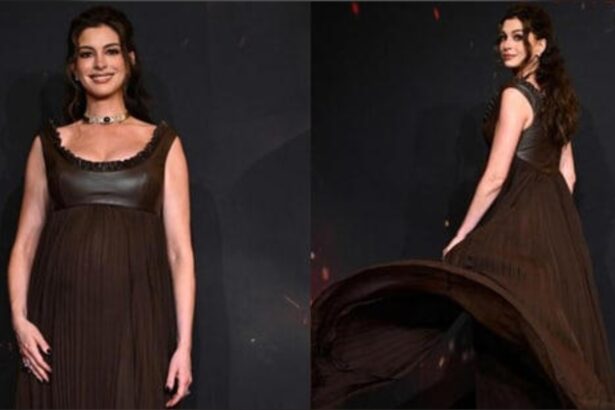 Anne Hathaway wearing custom Louis Vuitton maternity gown at The Odyssey Paris premiere