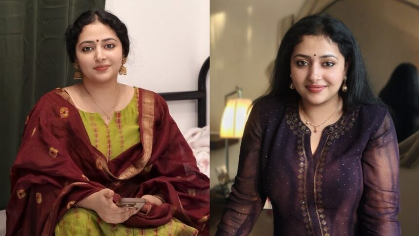 Anu Sithara posing during a Malayalam cinema promotional event