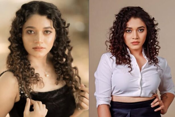 Kavya Bellu posing during a promotional event for her Malayalam and Tamil entertainment projects