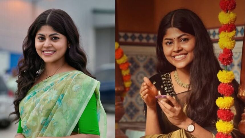 Keerthika Saminathan actress architect and Mahanadigai contestant posing during a television event