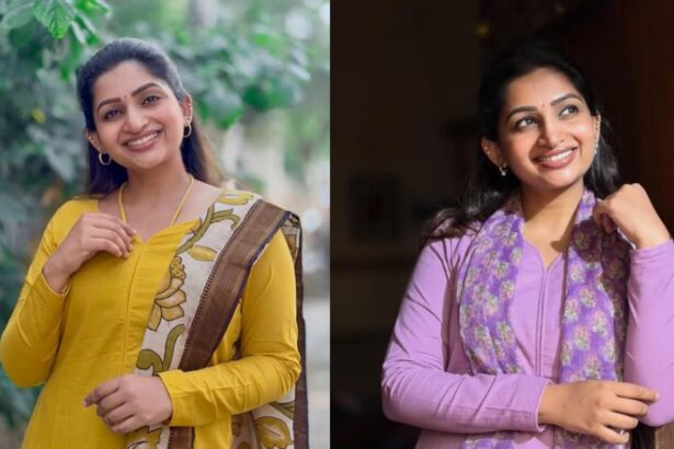 Nakshathra Nagesh at a television event, known for her roles in Lakshmi Stores and Thamizhum Saraswathiyum