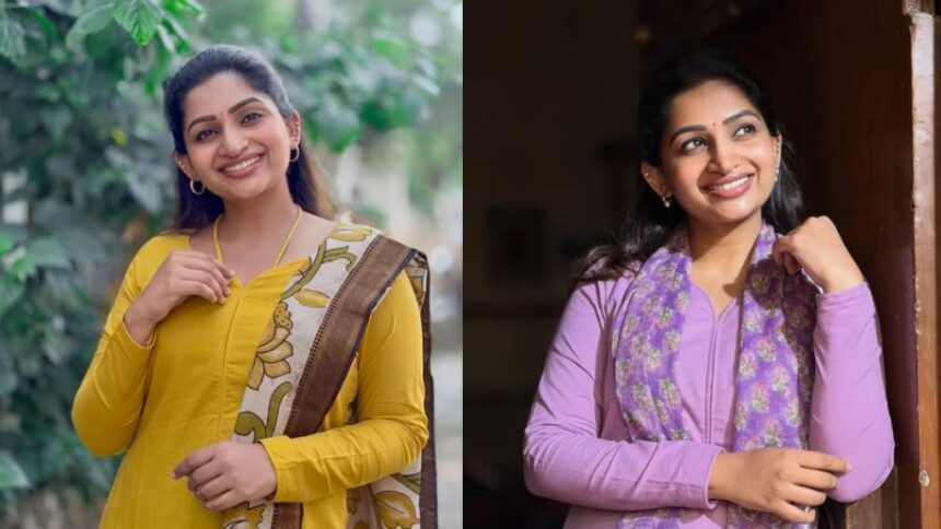 Nakshathra Nagesh at a television event, known for her roles in Lakshmi Stores and Thamizhum Saraswathiyum