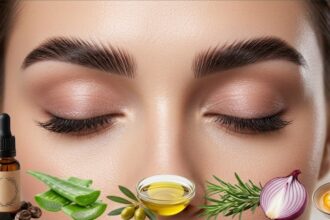 Woman applying natural oil to eyebrows to promote eyebrow growth naturally