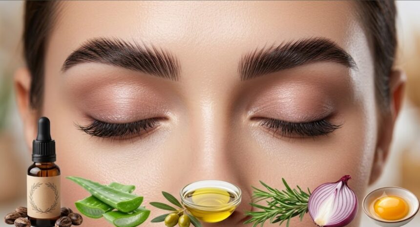 Woman applying natural oil to eyebrows to promote eyebrow growth naturally
