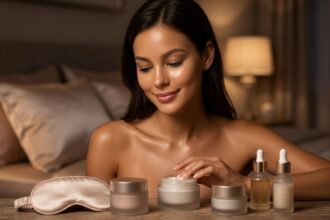 Hunterfly Night Skincare Routine for Naturally Glowing Skin Woman applying nighttime skincare products for healthy glowing skin