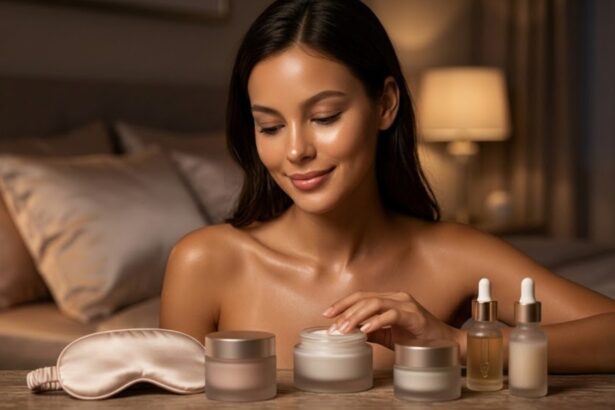 Hunterfly Night Skincare Routine for Naturally Glowing Skin Woman applying nighttime skincare products for healthy glowing skin