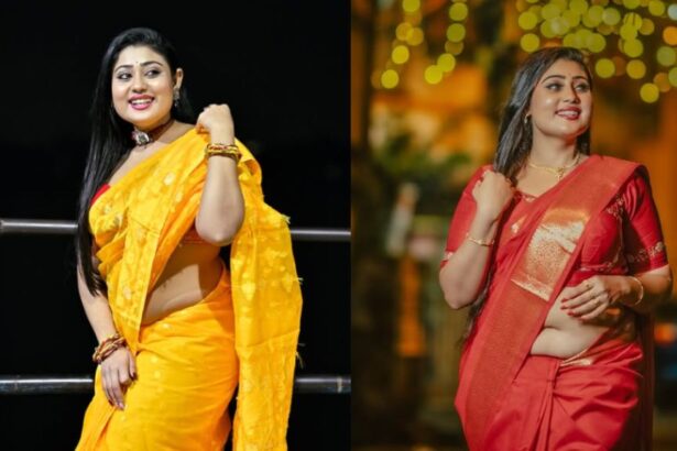 Soumi Saha posing in a traditional saree during a fashion photoshoot