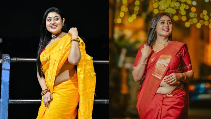 Hunterfly Soumi Saha Soumi Saha posing in a traditional saree during a fashion photoshoot