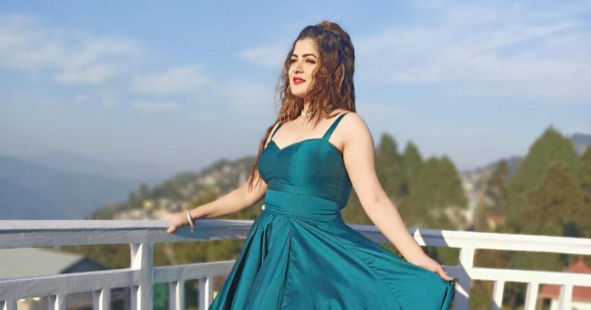 Srabanti Chatterjee posing during a promotional event for a Bengali film