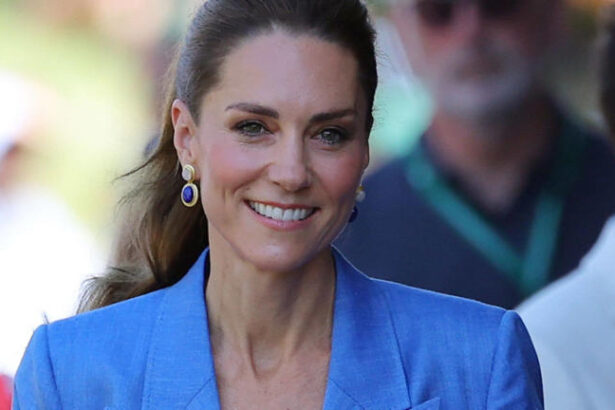 Hunterfly dfdfsdfsd Princess Kate attending Wimbledon 2026 wearing a pale blue linen suit and a rare ponytail hairstyle.