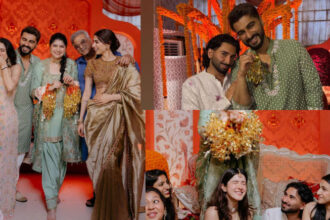 Anshula Kapoor during her mehendi ceremony as kaleera pieces fall on Arjun Kapoor and Shanaya Kapoor