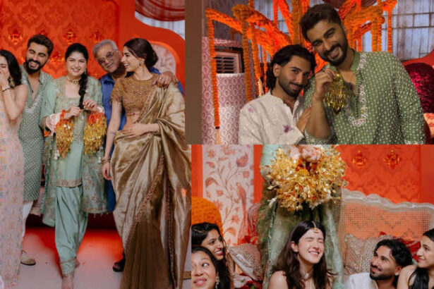 Anshula Kapoor during her mehendi ceremony as kaleera pieces fall on Arjun Kapoor and Shanaya Kapoor
