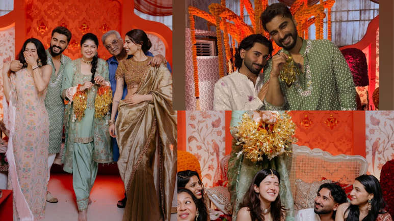 Hunterfly dfdsf Anshula Kapoor during her mehendi ceremony as kaleera pieces fall on Arjun Kapoor and Shanaya Kapoor