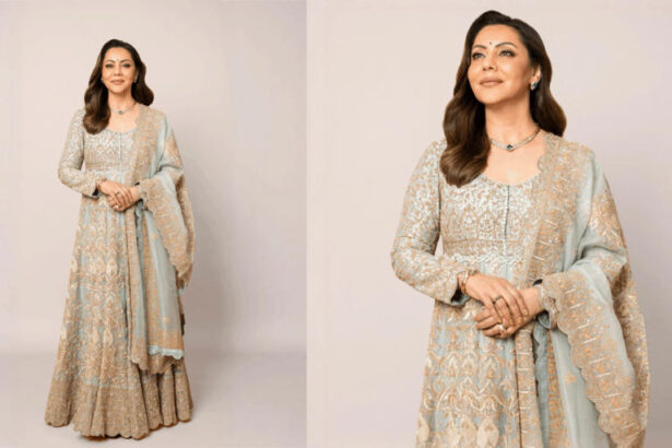Gauri Khan wearing powder blue Anamika Khanna couture with Zoya jewellery